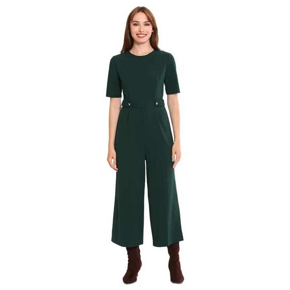London Times Women's Tab-Waist Cropped Chic Casual Formal Jumpsuit Dark Green 10